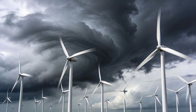 Wind Turbine Farm Spinning Under Dramatic Vortex Storm Clouds, Renewable Energy Power