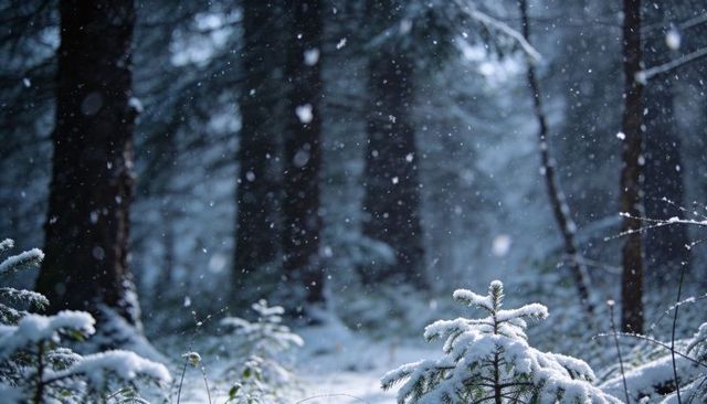 Snow-covered fir sapling in misty conifer forest, falling snowflakes and winter calm