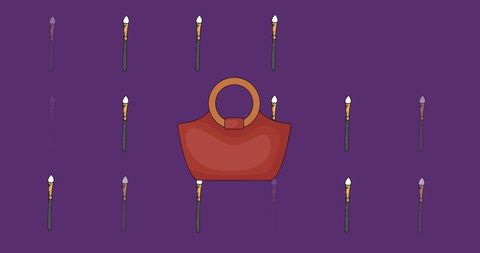 Stylish red handbag with makeup brushes on purple background