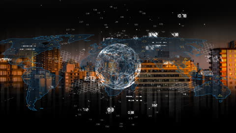 Global Digital Interface Overlaid on Urban Skyline