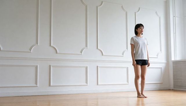 Barefoot asian woman standing in bright minimalist studio in white tee and black shorts