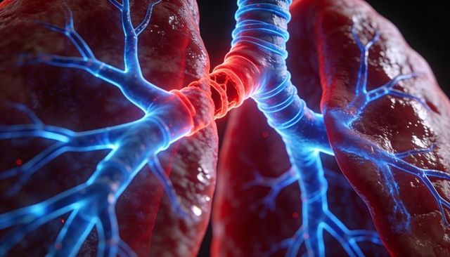 3d render showing inflamed bronchi and lungs with glowing bronchial tree for clinical study