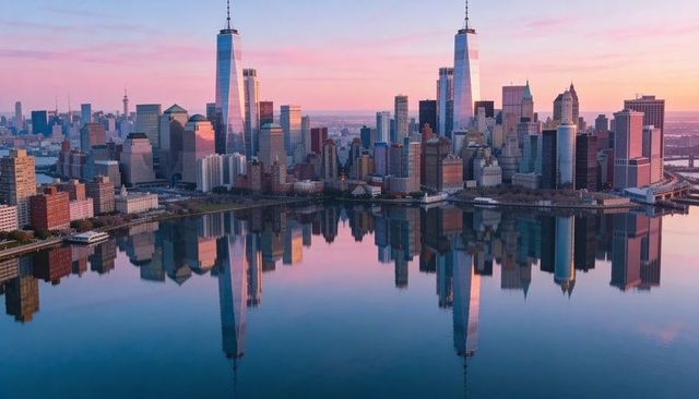Dawn skyline reflecting twin glass towers over tranquil harbor with pastel sunrise glow