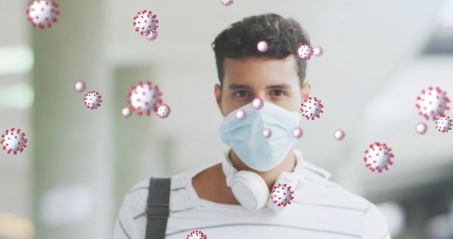 Man Wearing Mask Amid Virus Particles Symbolizing Pandemic - Download Free Stock Images Pikwizard.com