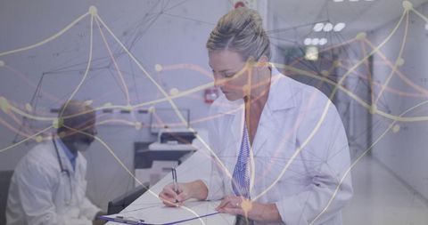Female Doctor Writing Patient Notes in Clinic Corridor with Medical Data Overlay