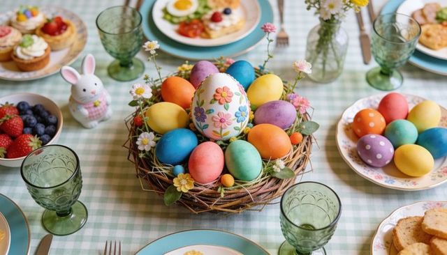 Colorful easter centerpiece featuring woven twig nest with pastel eggs on gingham table