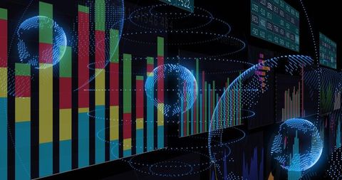 Futuristic data visualization with bar charts and digital globes