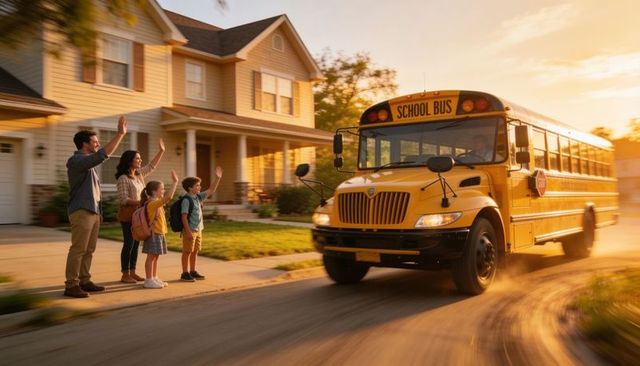 School bus driving through suburban street, family waving at sunset