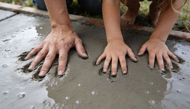 Parent and child pressing hands into wet concrete creating handprint keepsake for garden