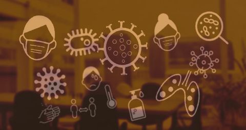 Covid-19 icons overlay in empty classroom interior