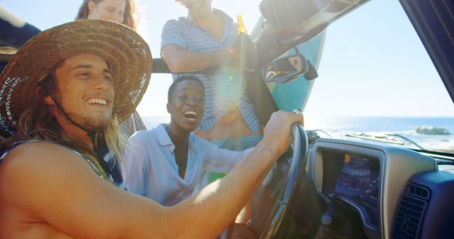 Group of Friends Driving to Beach on Sunny Day - Download Free Stock Images Pikwizard.com