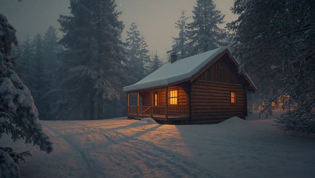 Warm light glowing from log cabin in snowy forest at twilight with tracks in snow