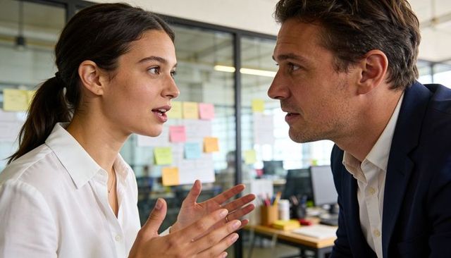 Two professionals intensely discussing project strategy in modern open-plan office with sticky notes