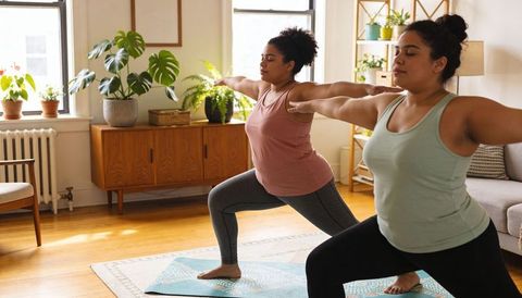 Morning yoga duo practicing Warrior II pose in sunlit home with greenery and calm