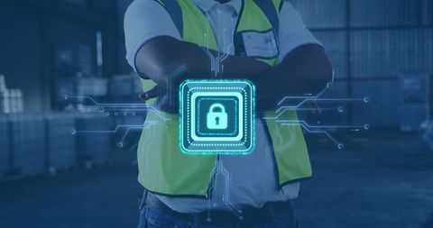 Warehouse Worker in Safety Vest Secured by Digital Lock Graphic