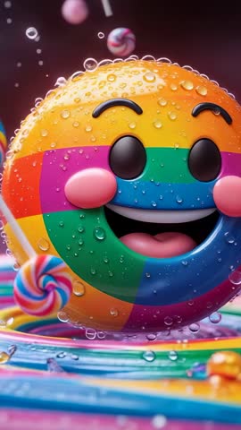 Rotating rainbow candy sphere splashing in colorful lollipop pool — vertical looping video