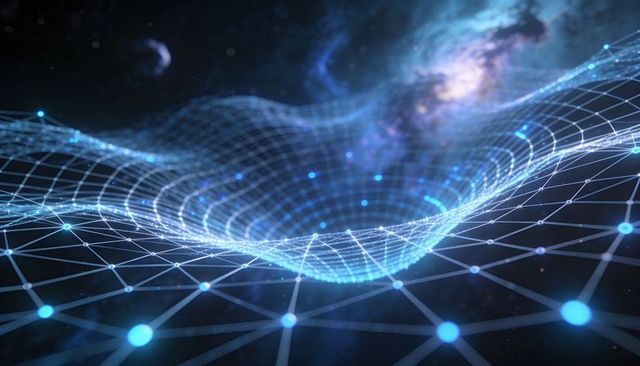 Holographic Wireframe Grid Warping into Cosmic Vortex with Glowing Blue Data Nodes