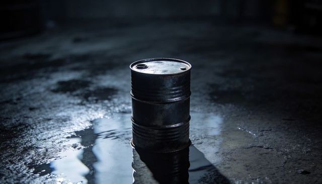 Rusted Steel Drum Standing and Casting Reflection in Puddle on Wet Concrete Floor