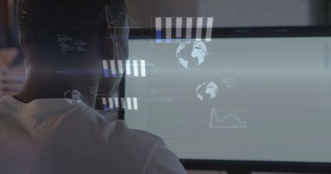 Rear-facing analyst reviewing global data dashboards on desktop monitor with charts