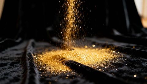 Pouring gold glitter on black velvet creating luminous sparkle pile with bokeh