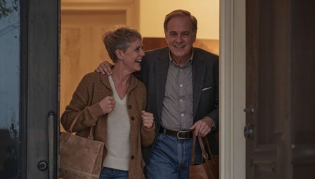 Smiling senior couple entering home carrying tote bags and sharing warm welcoming embrace