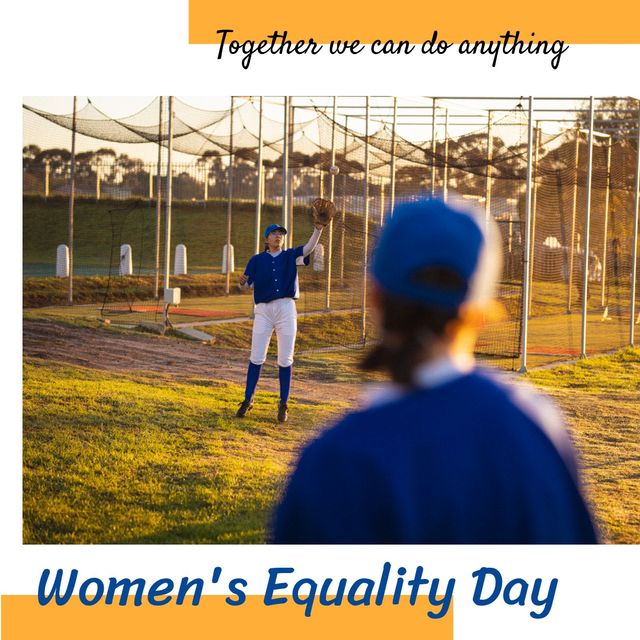 Asian women playing baseball and together we can do anything and national women's equality day text. Digital composite, sport, competition, equality, freedom, vote, human rights and celebration.