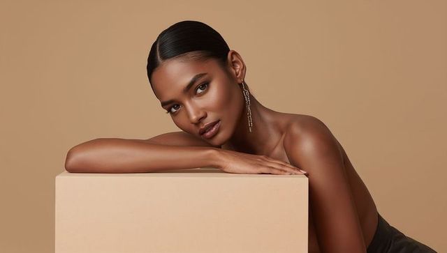 Minimalist beauty portrait model leaning on pedestal wearing long earring and neutral makeup