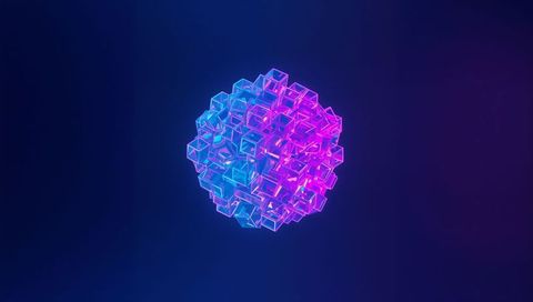 Glowing Glass Cube Cluster Emitting Neon Cyan and Magenta Light in Futuristic Voxel Sphere