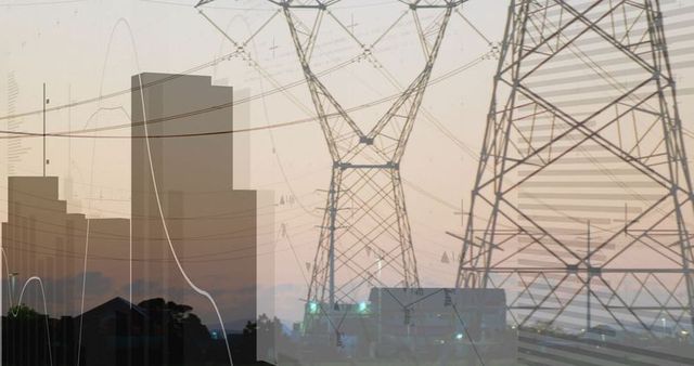 Urban energy landscape with power towers at dusk
