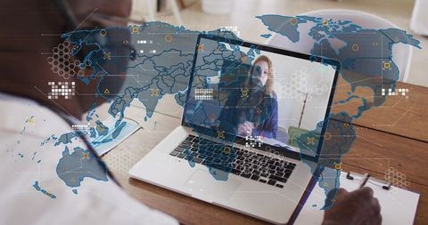 Clinician video consultation on laptop with global connectivity map overlay for telehealth