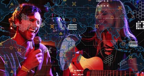 Singing duo playing acoustic guitar and microphone on stage, nightclub digital overlay