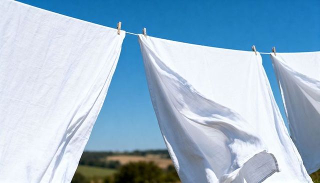 Billowing white bed sheets hanging on clothesline over sunlit rural fields
