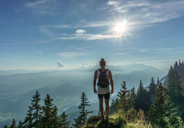Hiker Enjoying Scenic Mountain View Under Clear Sky - Download Free Stock Photos Pikwizard.com