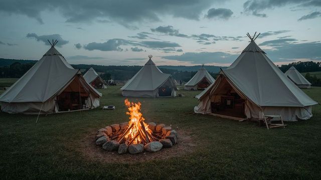 Campsite at dusk with glowing campfire and canvas tents