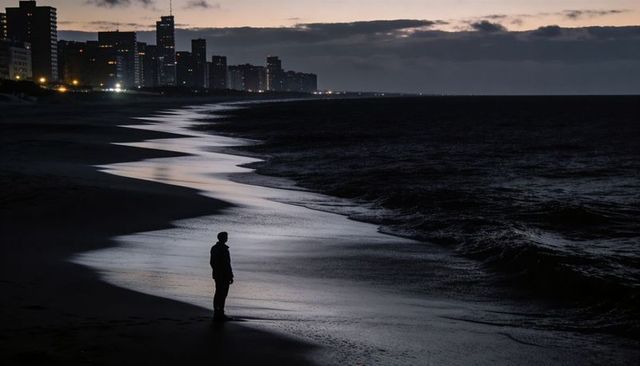Silhouetted figure watching lit surf line leading to city skyline at dusk with moody lights