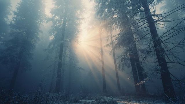 Mist-Enveloped Coniferous Forest with Sun Rays Breaking Through