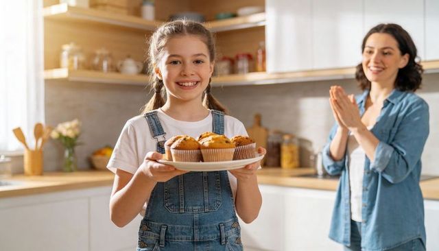 Smiling daughter holding plate of muffins while mother applauding in bright home kitchen
