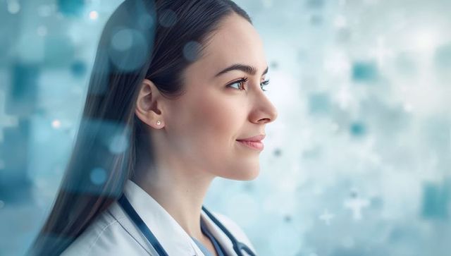 Female doctor looking right with stethoscope smiling calm confident medical portrait