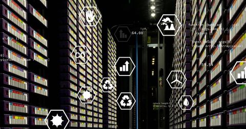 Sustainable Technology Icons Over Data Servers Representing Green Tech Advancements - Download Free Stock Images Pikwizard.com