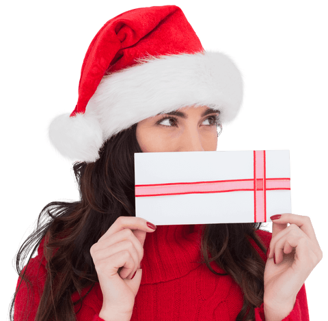 Woman in Santa Hat Holding Gift Envelope Transparent Background
