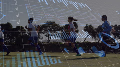 Female Football Players with Data Analytics Overlay at Sports Field