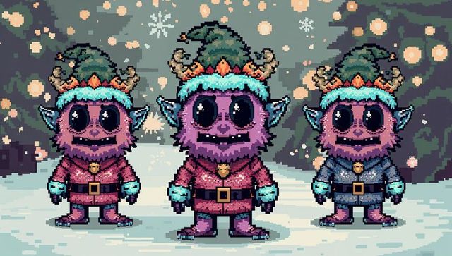 Pixel holiday elves trio: purple furry elf with teal hat standing in snowy forest