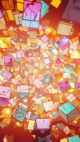 Camera pushing inward through rotating illuminated cubes forming glowing tunnel in red void