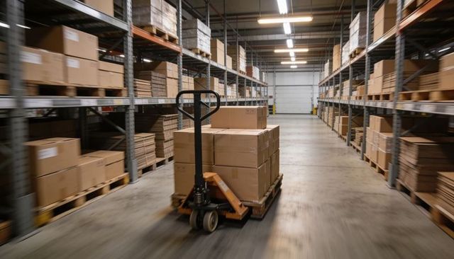 Manual pallet jack moving stacked cardboard boxes down long warehouse aisle for logistics