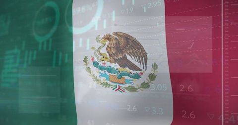 Mexican flag overlaying financial charts representing mexico stock market and economy