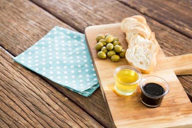 This image shows a rustic wooden table with a chopping board holding slices of bread, green olives, and small glass containers of olive oil and balsamic vinegar. A polka dot napkin is placed beside the board. Ideal for use in food blogs, restaurant menus, cooking websites, or healthy eating promotions.