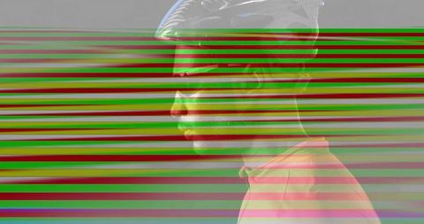 Glitch scanlines revealing cyclist profile with helmet and red jersey