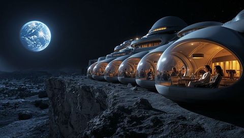 Futuristic lunar cliff dining pods in transparent spherical domes overlooking earthrise