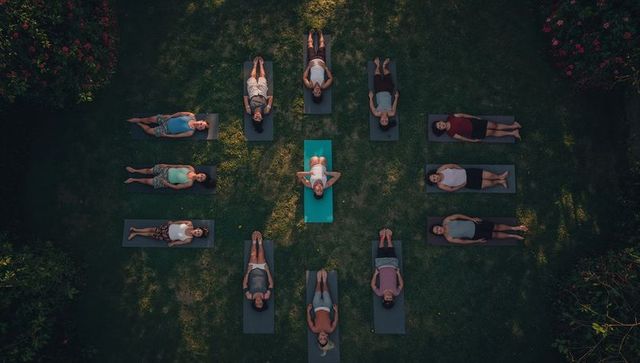 Aerial view of instructor leading outdoor yoga class in symmetrical grid on grassy lawn