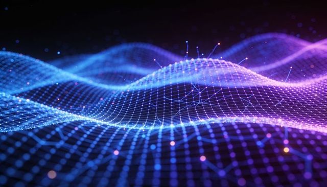 Undulating neon wireframe mesh shifting hues with glowing nodes for digital data visuals